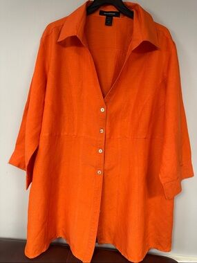 Ashley Stewart Orange Summer Linen Blend Button Front 3/4 Sleeve Blouse size 20W